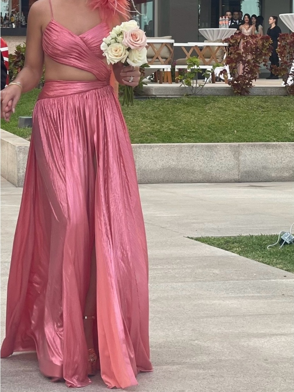 Retrofit Metallic Rose Pink Cutout Maxi Dress